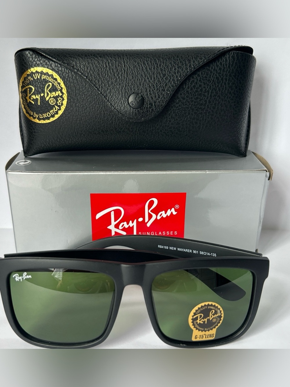Ray-Ban New Wayfarer RB4169 Black Green Glass 58-14 135 UV